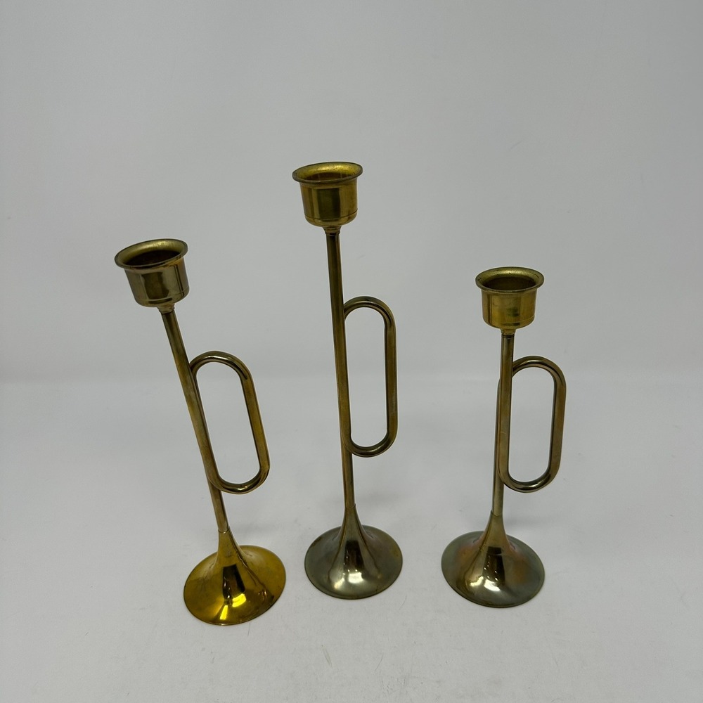 Unbranded Candlestick Holders Set 3 Brass Trumpet Bugle Taper Mid Century
